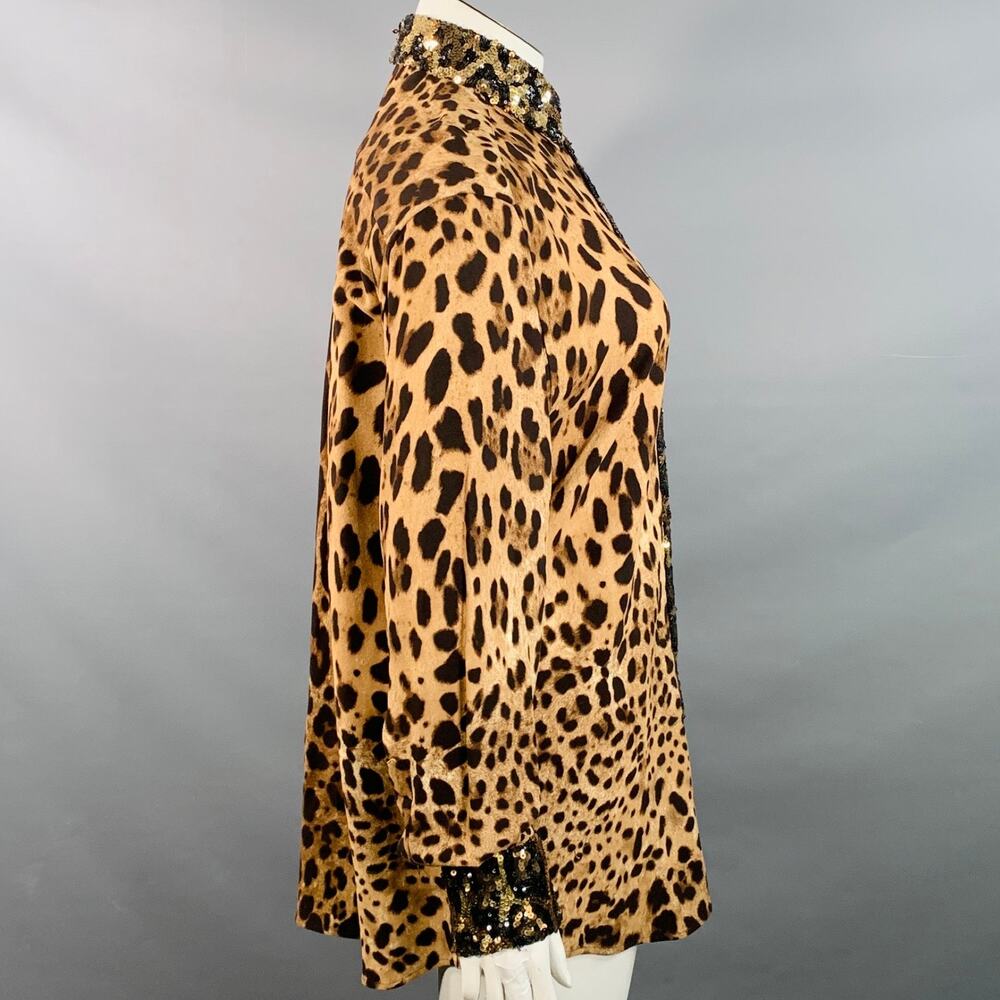 DOLCE & GABBANA Size L Brown Viscose Blend Leopard Sequin Trim Snaps Shirt - Picture 3 of 9
